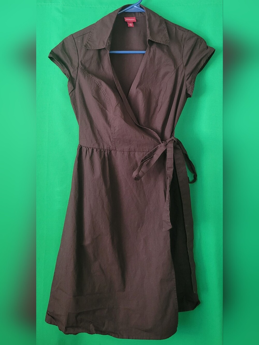 Merona Brown Wrap Tie Midi Dress Sz XS Career Collared Cap Sleeves